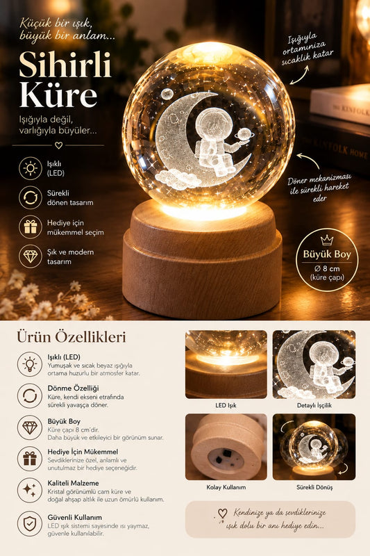 ✨🌙 Büyük Boy Dönen Astronotlu Işıklı Kristal Küre – LED Dekoratif Gece Lambası