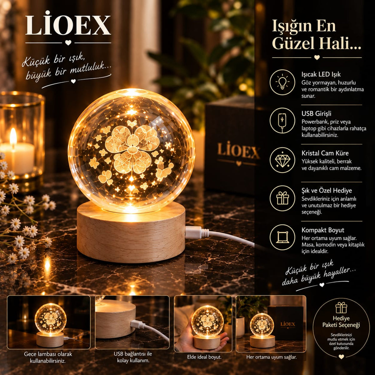 ✨Lioex Küçük Boy Işıklı Kristal Küre – USB Girişli Dekoratif Gece Lambası