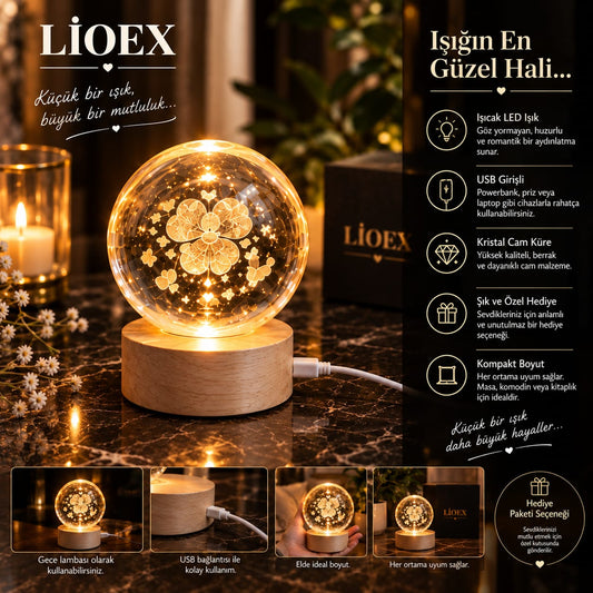 ✨Lioex Küçük Boy Işıklı Kristal Küre – USB Girişli Dekoratif Gece Lambası