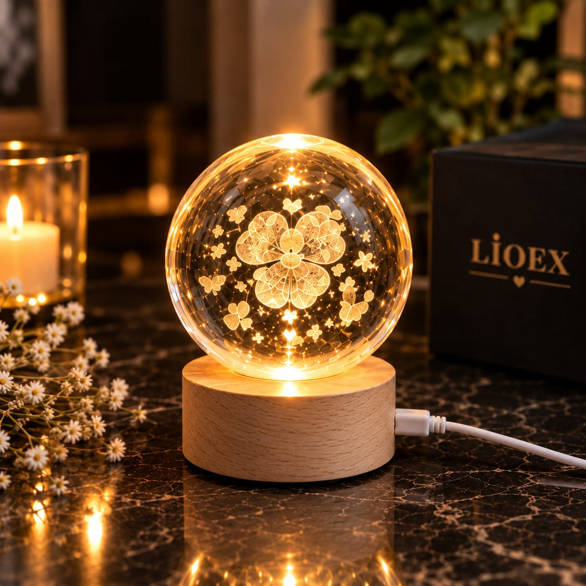 ✨Lioex Küçük Boy Işıklı Kristal Küre – USB Girişli Dekoratif Gece Lambası