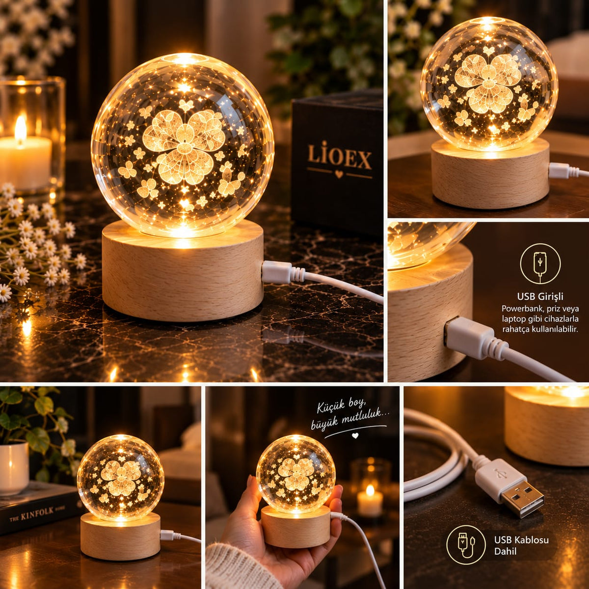 ✨Lioex Küçük Boy Işıklı Kristal Küre – USB Girişli Dekoratif Gece Lambası