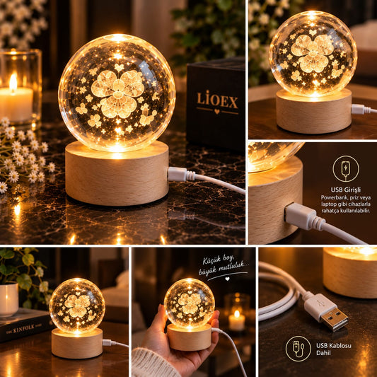 ✨Lioex Küçük Boy Işıklı Kristal Küre – USB Girişli Dekoratif Gece Lambası