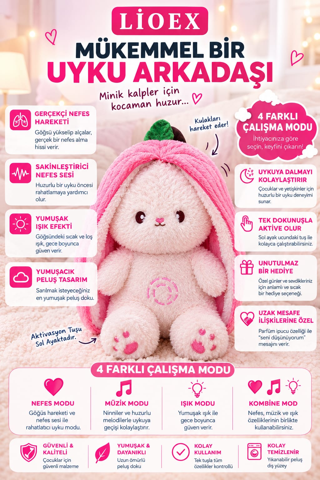 🧸 LİOEX Pembe Uyku Arkadaşı Tavşan-🩷