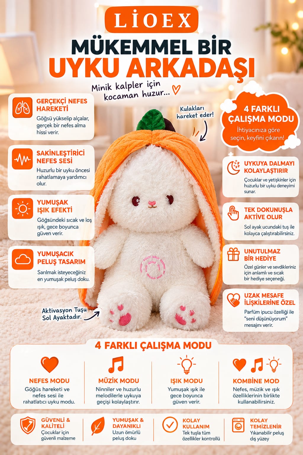 🧸 LİOEX Turuncu Uyku Arkadaşı Tavşan-🧡