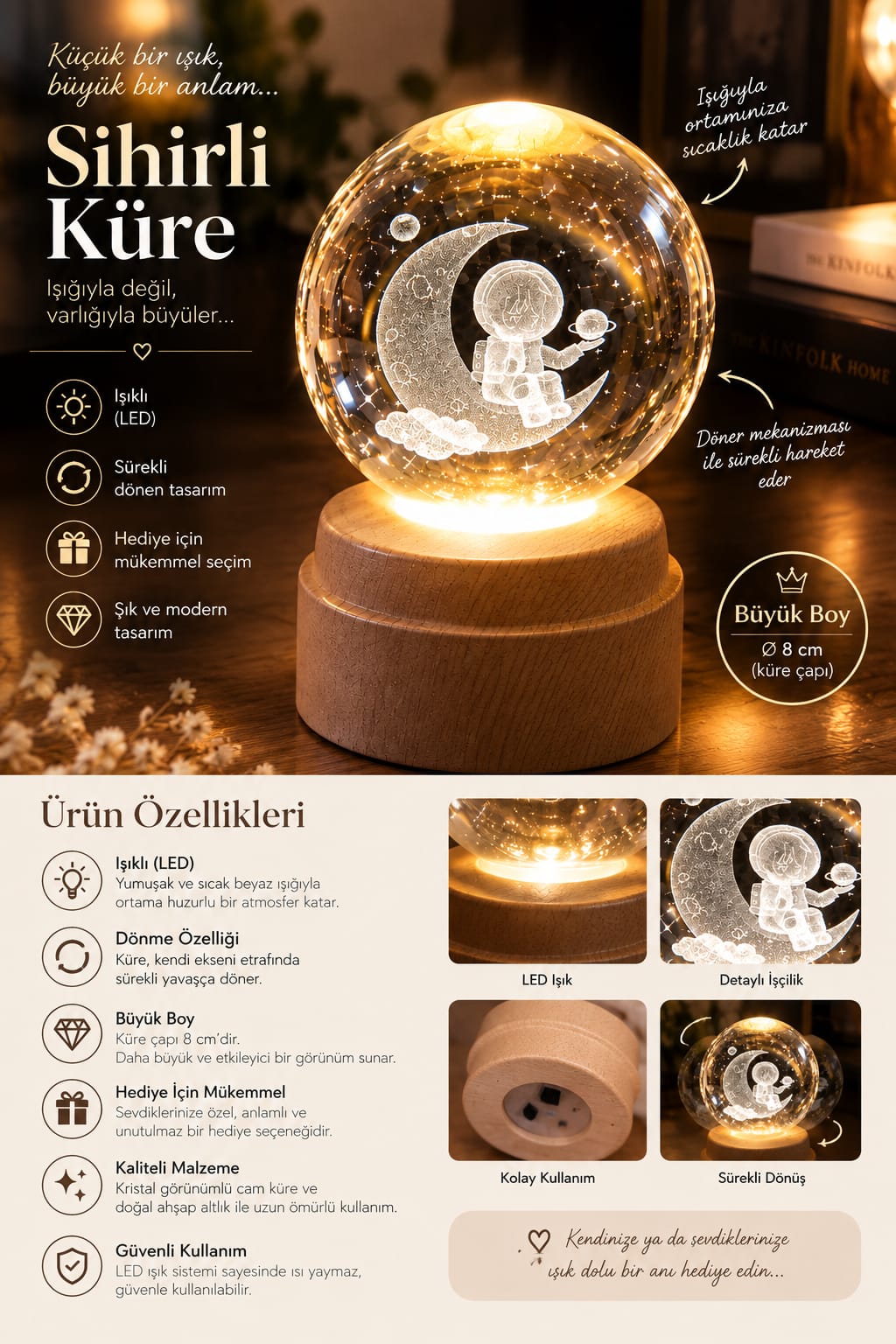 ✨🌙 Büyük Boy Dönen Astronotlu Işıklı Kristal Küre – LED Dekoratif Gece Lambası