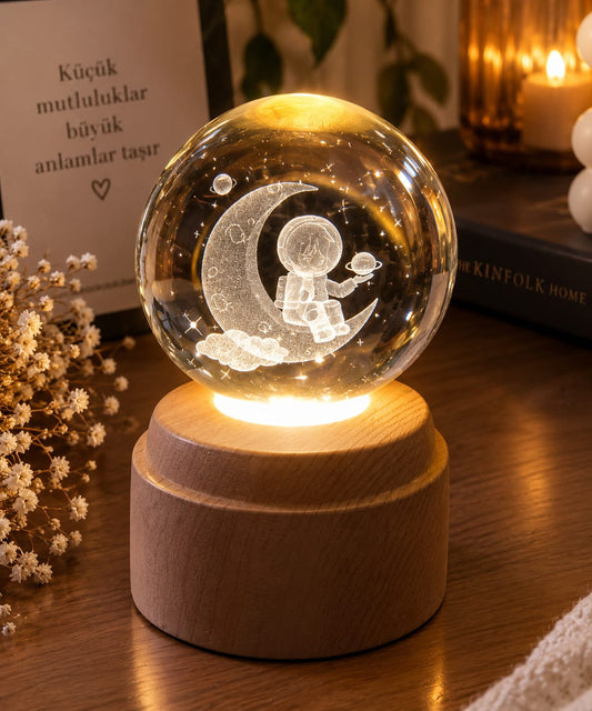 ✨🌙 Büyük Boy Dönen Astronotlu Işıklı Kristal Küre – LED Dekoratif Gece Lambası